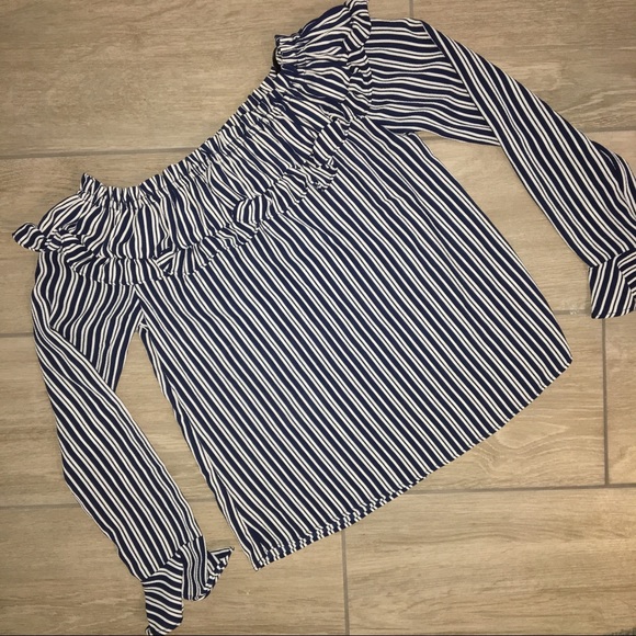 H&M Tops - BLUE & WHITE STRIPED RUFFLED OFF THE SHOULDER TOP